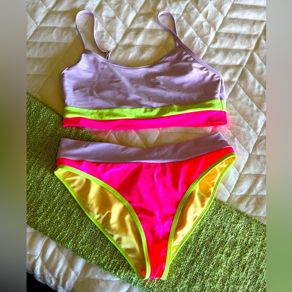 Neon Colorblock Bikini Set - Lavender, Hot Pink & Neon Yellow